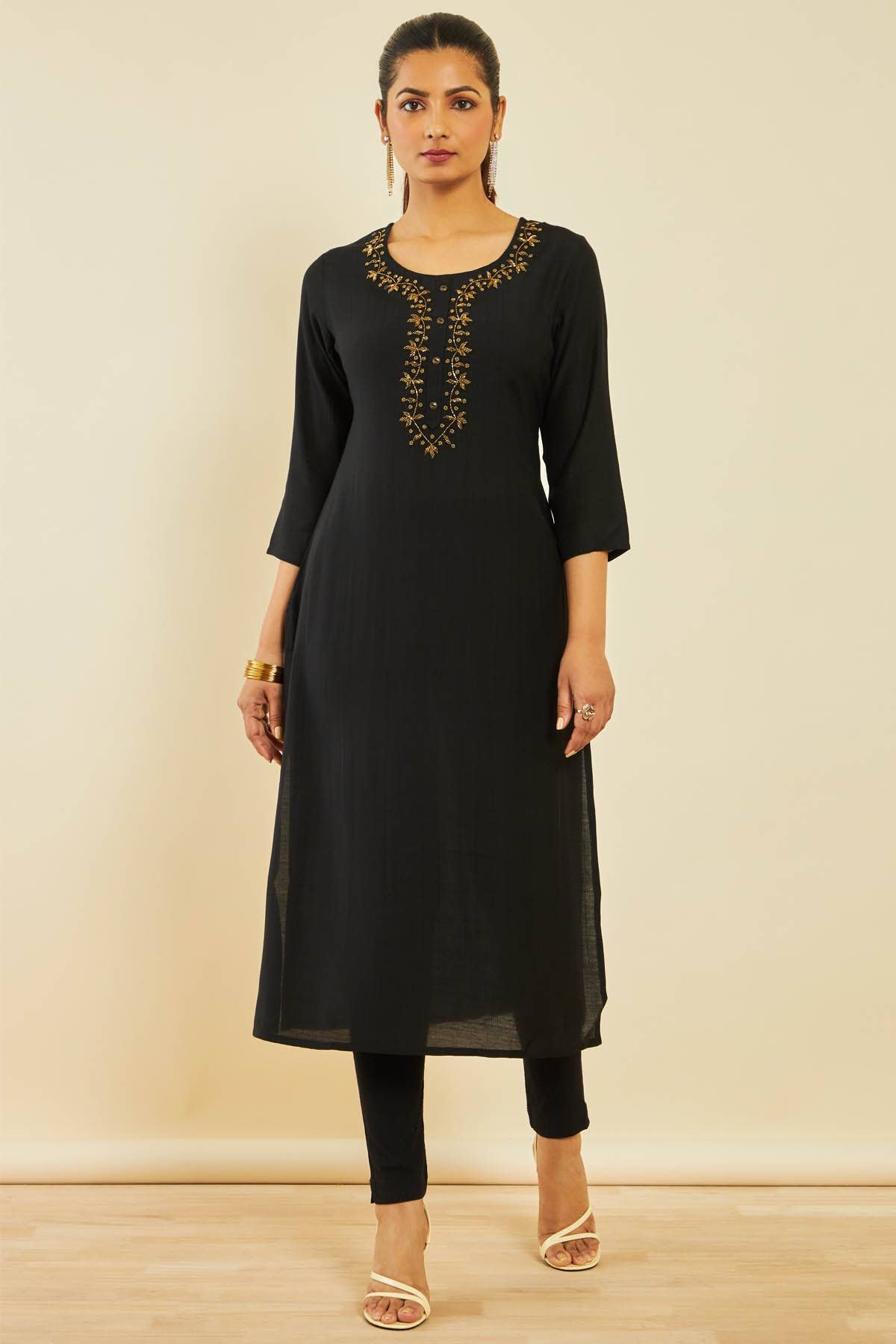 Black Viscose Blend Straight Kurta with Floral Cutdana Work - Image 3