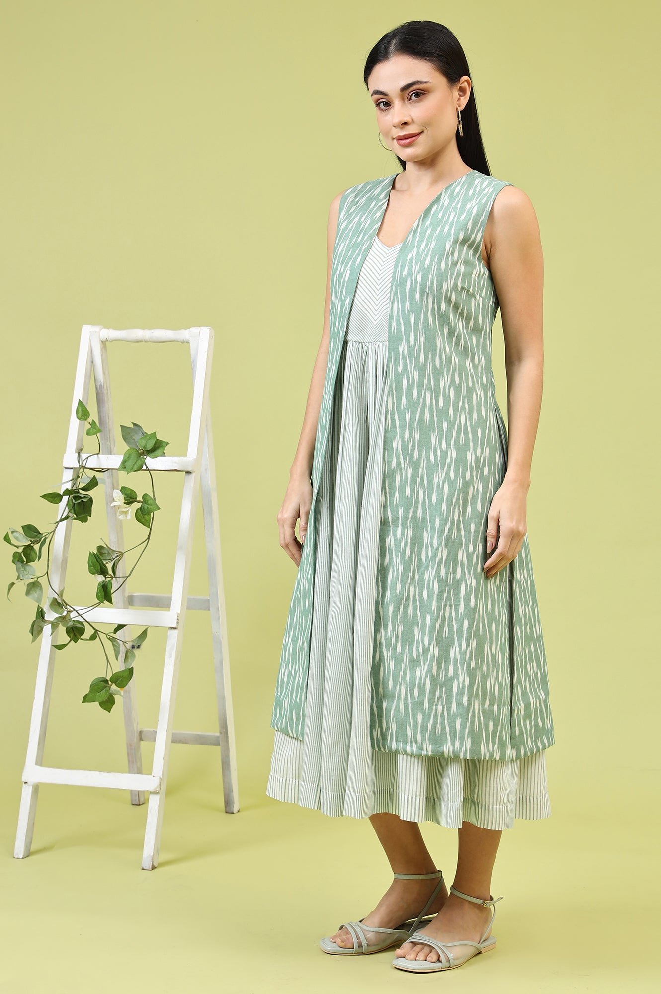 White and Green Geometric Printed Flared Spaghetti Dress and Gilet Set - Image 8