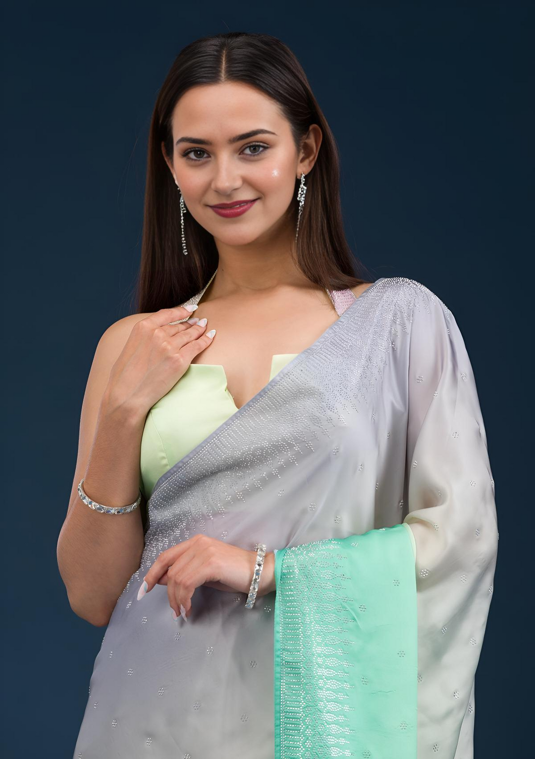 Grey Stonework Satin Saree - Image 4